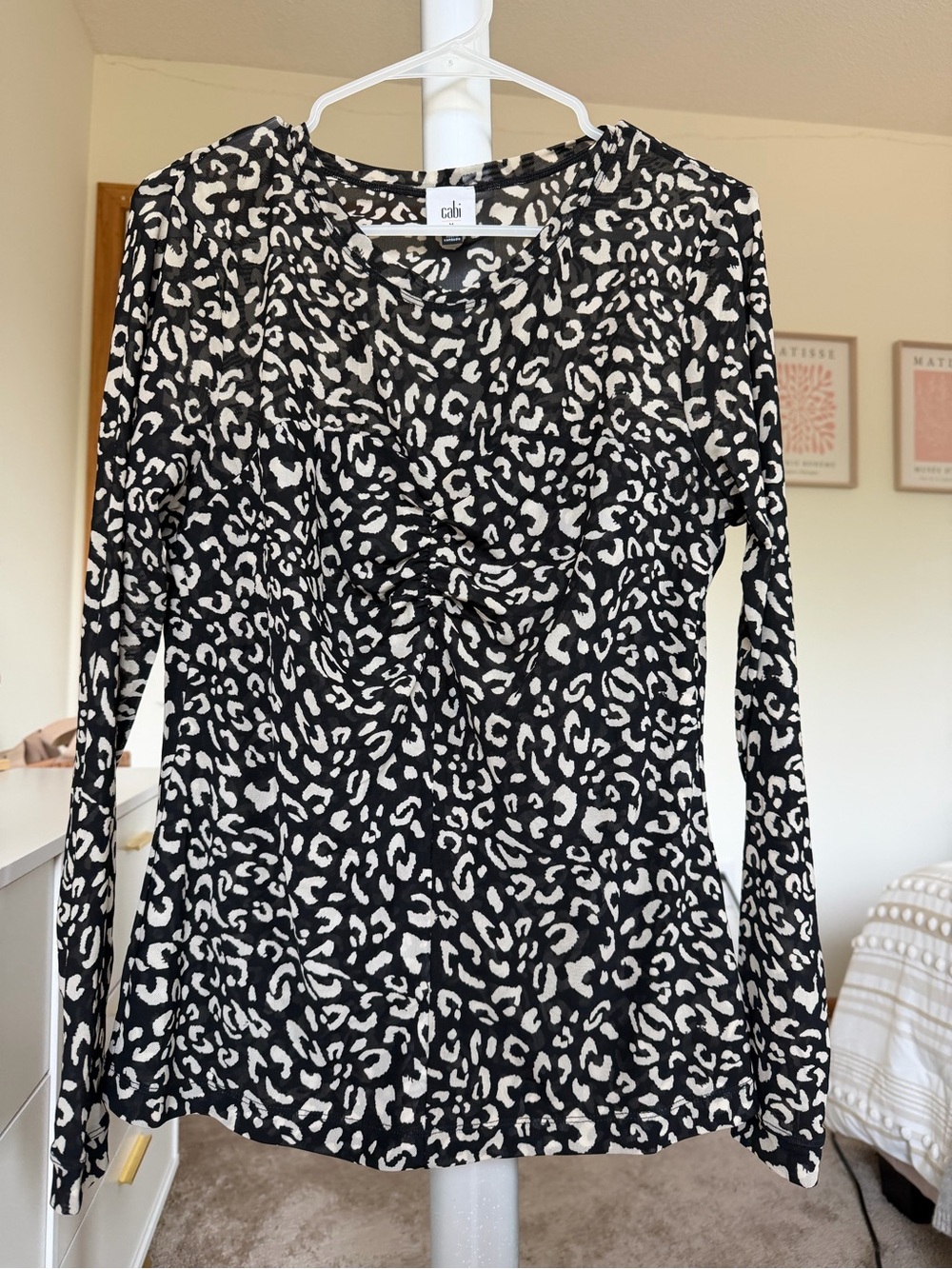 CAbi Black & White Leopard-Print Gathered Front Long Sleeve Dress